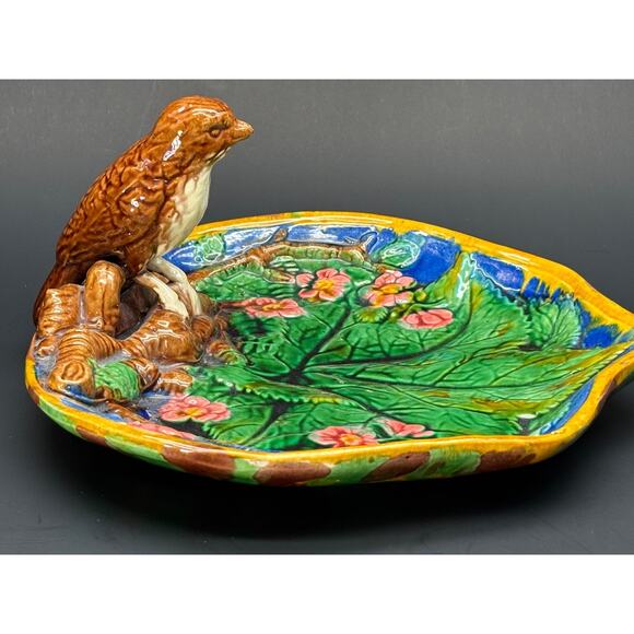 Majolica Pottery Plate Dish with Bird, Bright Colors, Heavy, Unmarked - Picture 1 of 16